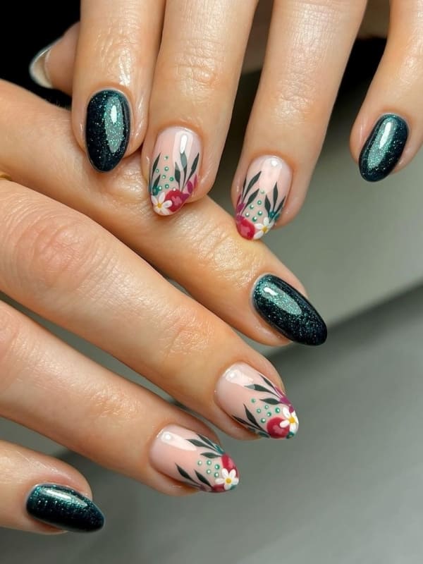 fall nail designs: green flower tips