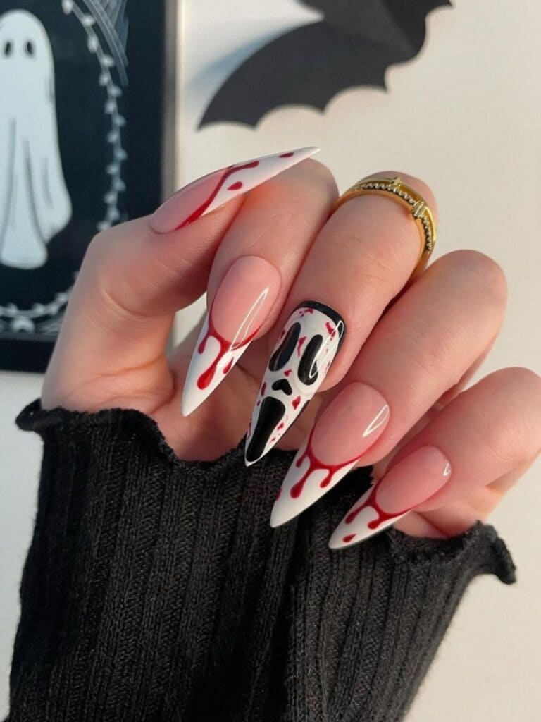 French tips in long white acrylic with blood and a ghost face 