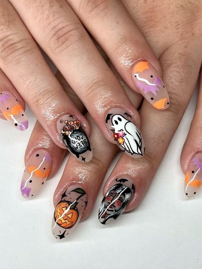 Halloween acrylic nails with cute drawings