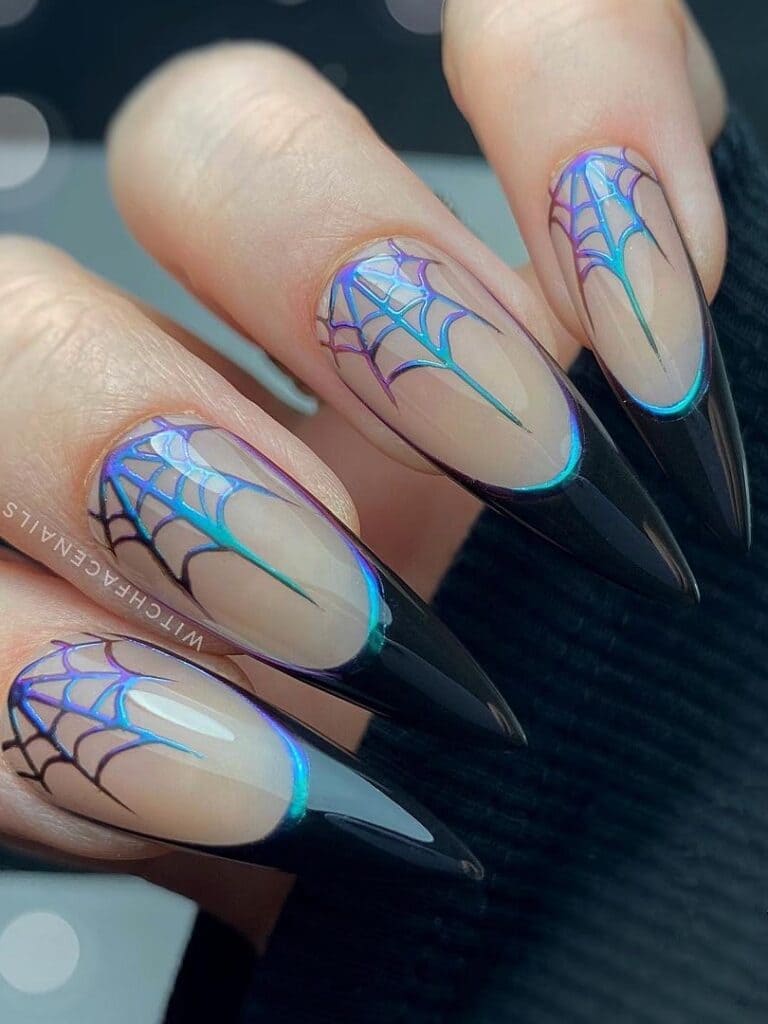 Long, stiletto-shaped black French tips with spiderweb cuticles