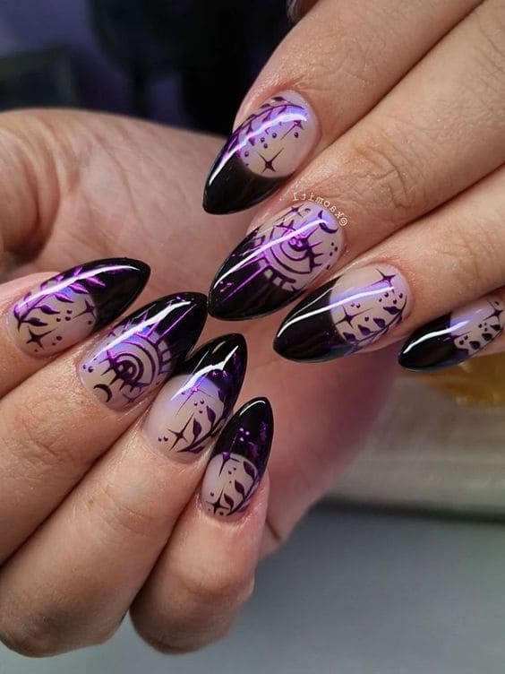 Metallic dark purple witch nail design