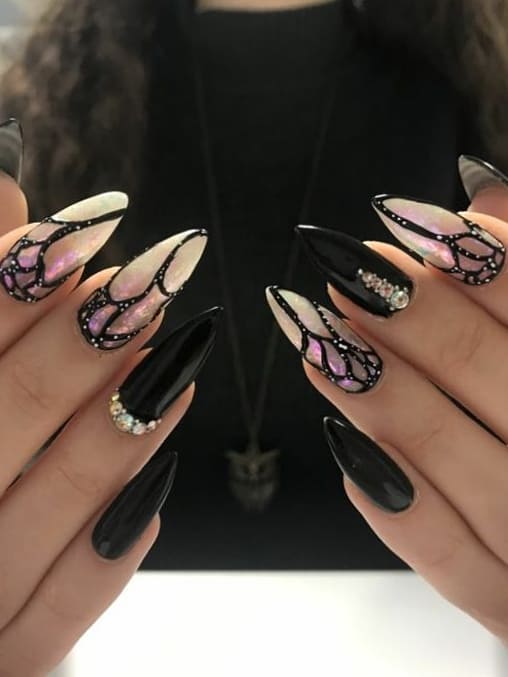 Acrylic black butterfly goth Halloween nails 