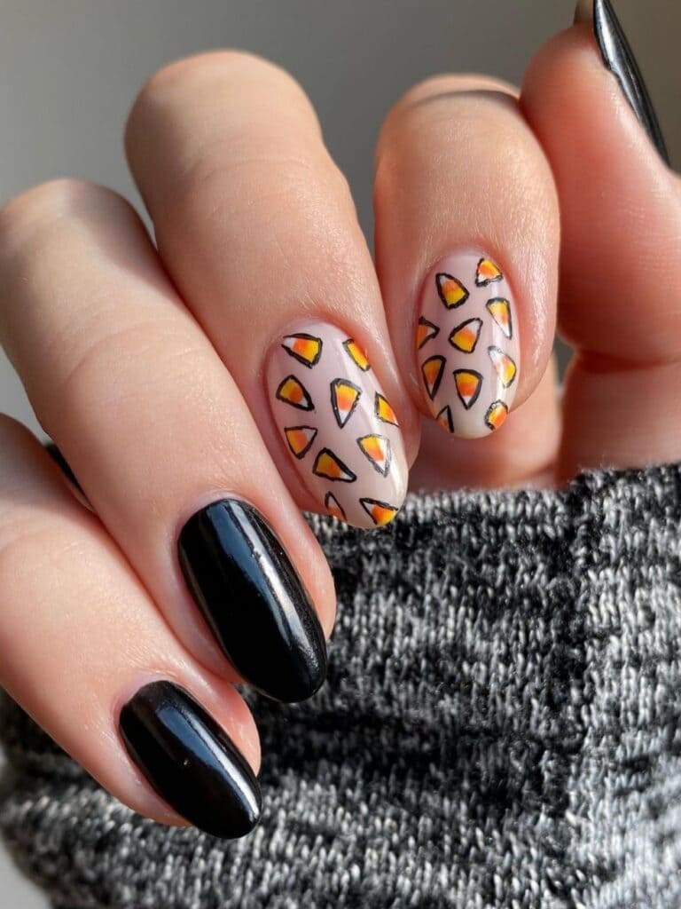 Short, black nails with candy corns