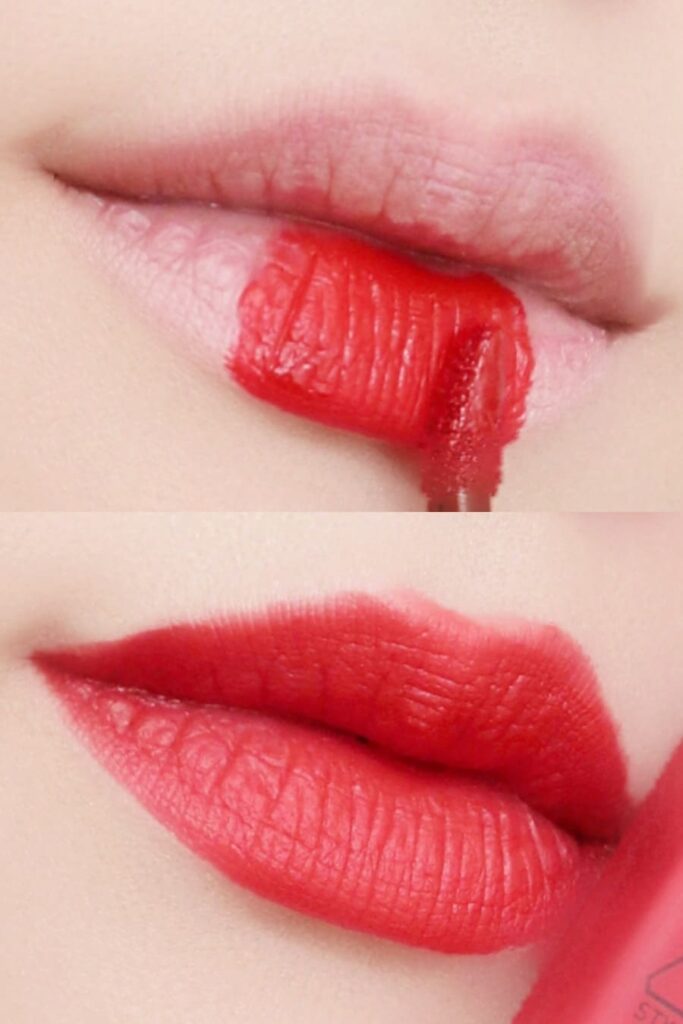 3CE Cloud Lip Tint in Macaron Red Swatch & Wearing