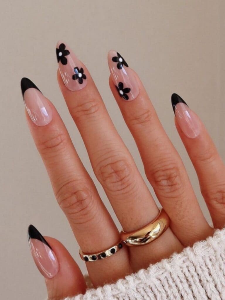 Black French tips with black flowers