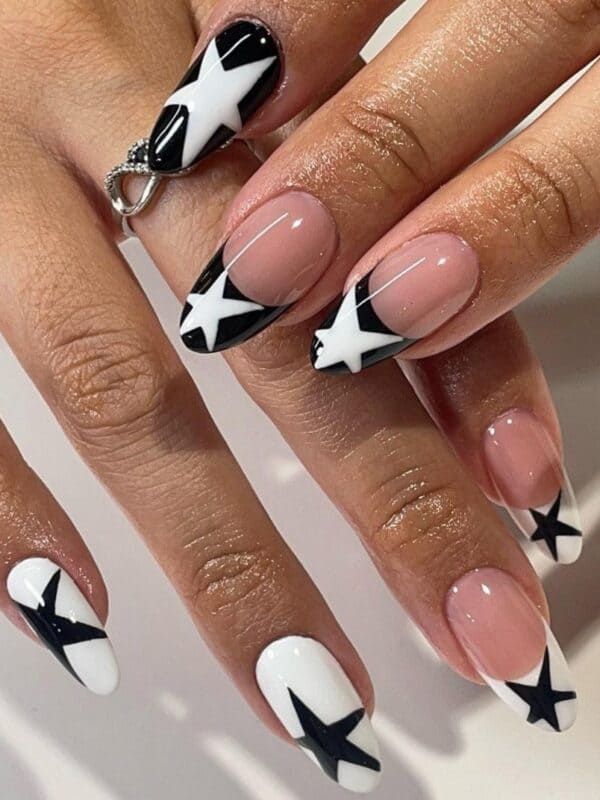 Black and white star nail design