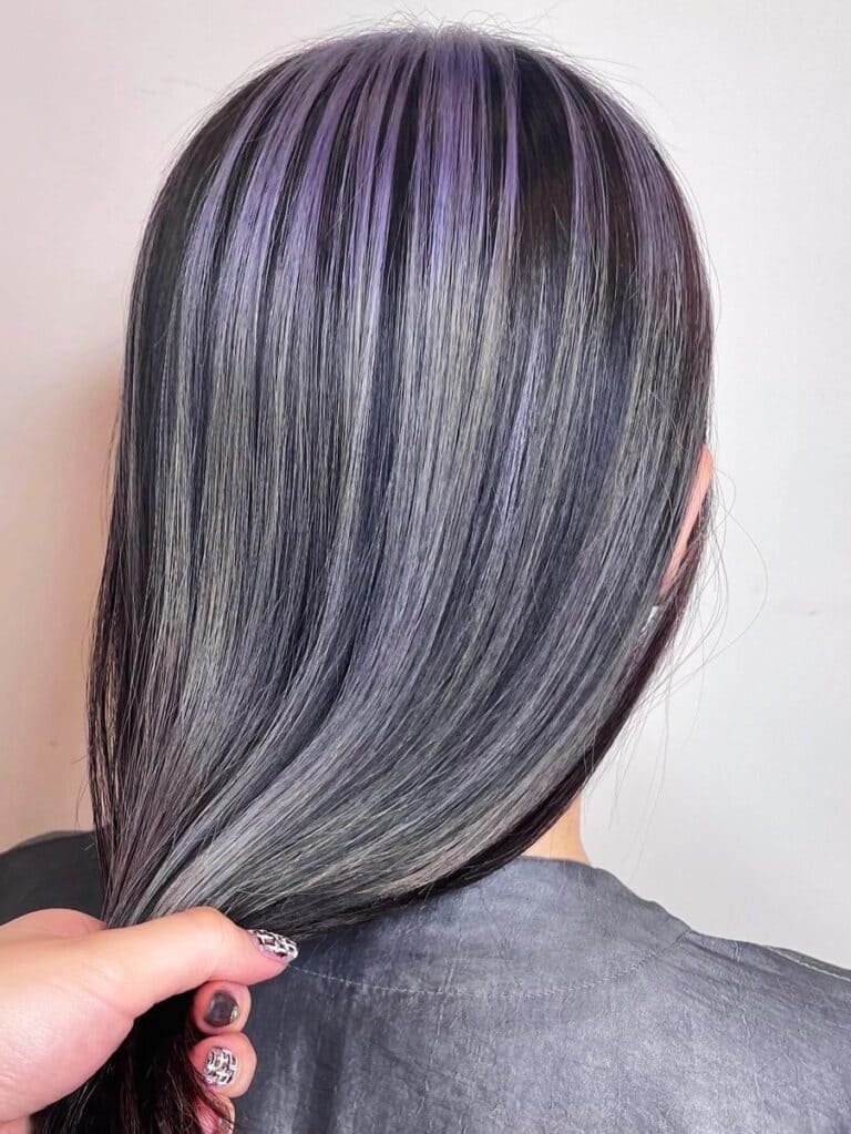 Ash Violet Sombre Highlights on Black Long Hair