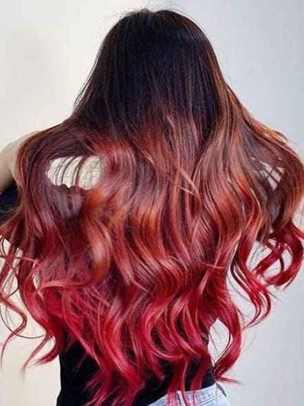 Red and Orange Ombre Highlights on Black Hair