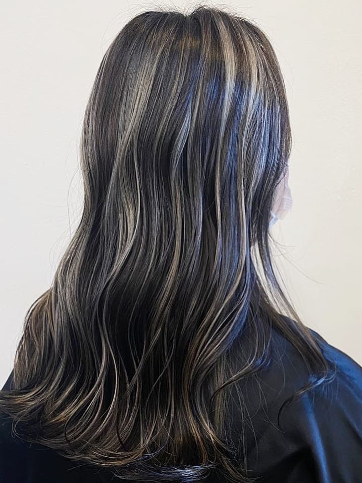 Silver Balayage Highlights on Black Hair