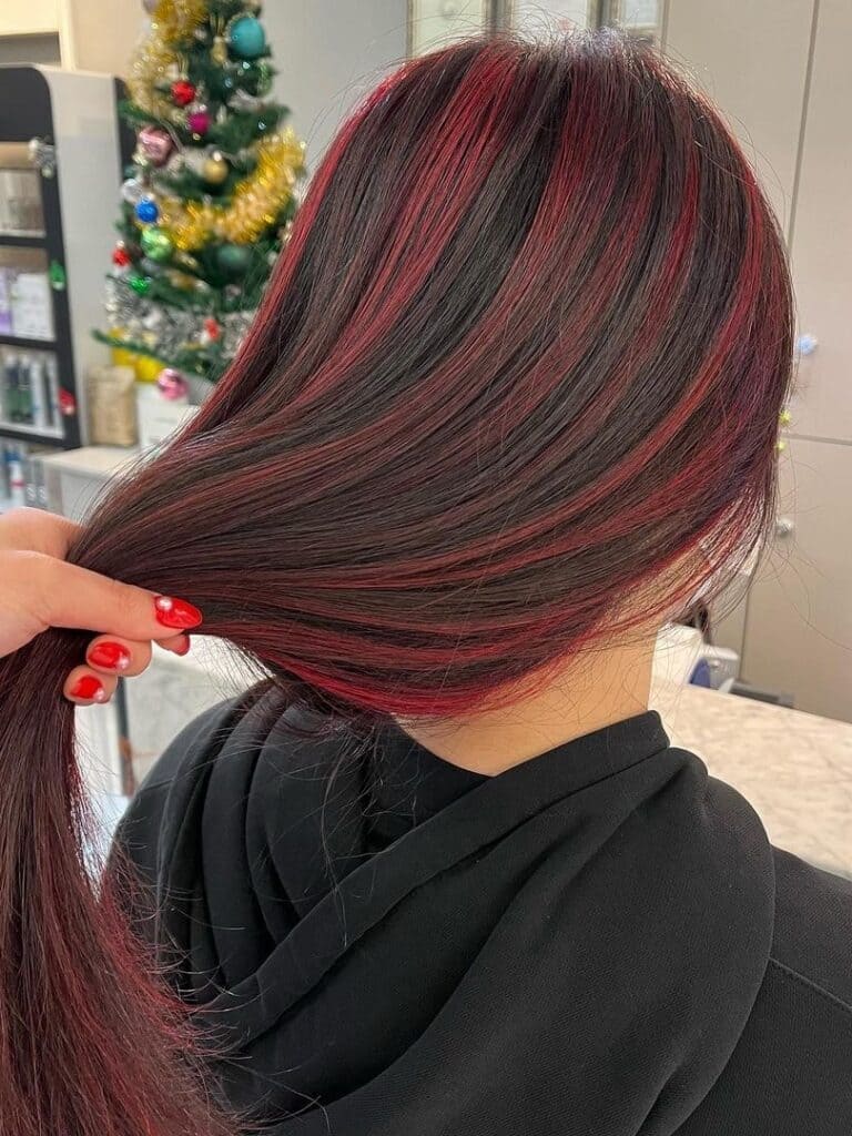 Red Balayage on Black Long Straight Hair