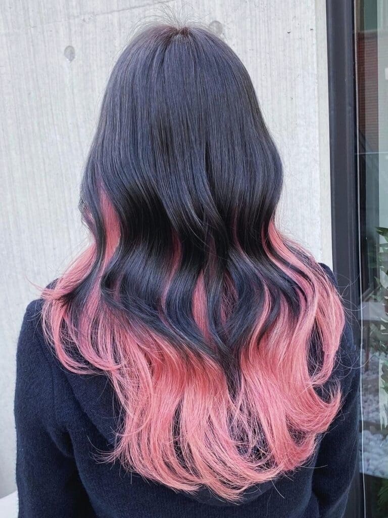 Pink Hidden Color Highlights on Black Hair