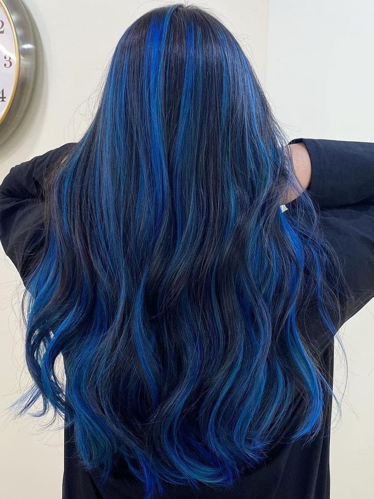 Blue Balayage on Long Wavy Black Hair