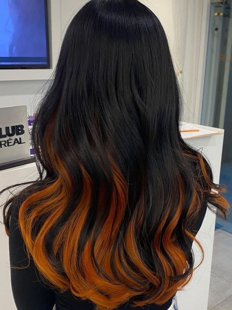 Orange Hidden Color Highlights on Black Hair