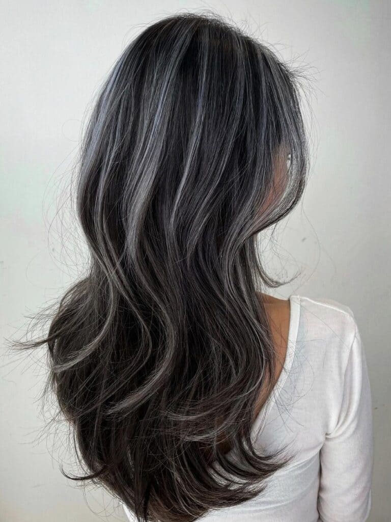 Grey Balayage Highlights on Black Hair