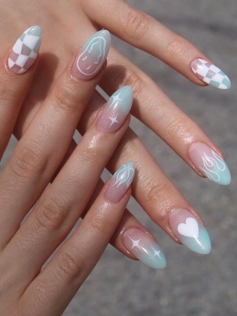 Mint ombre nails with mix-and-match design