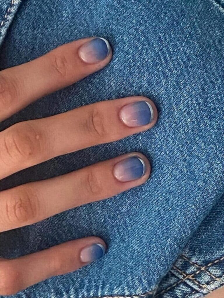 Korean blue ombre nails: chrome French tips