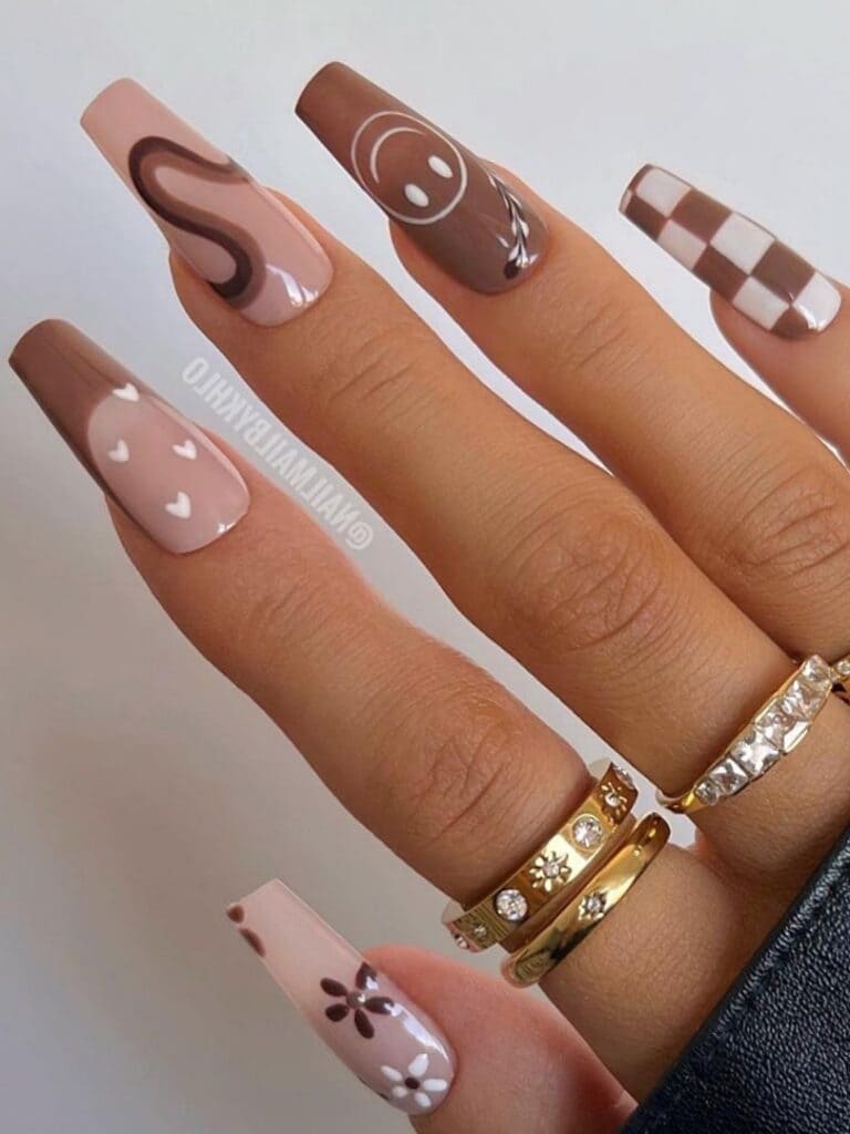 Mix-and-match brown nail designs for long coffins