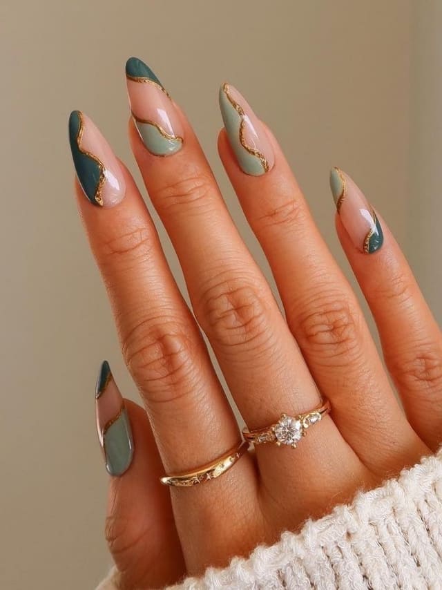 Two-tone sage green negative space designs for fall nails