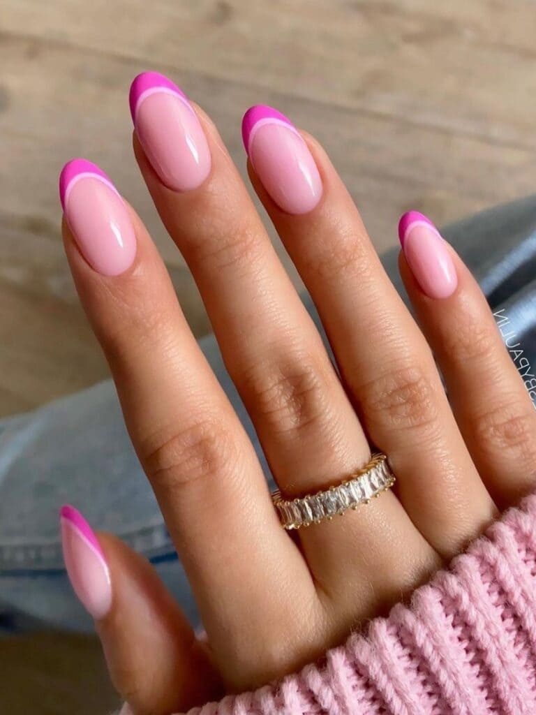 Double French tip nails in hot pink and light pink