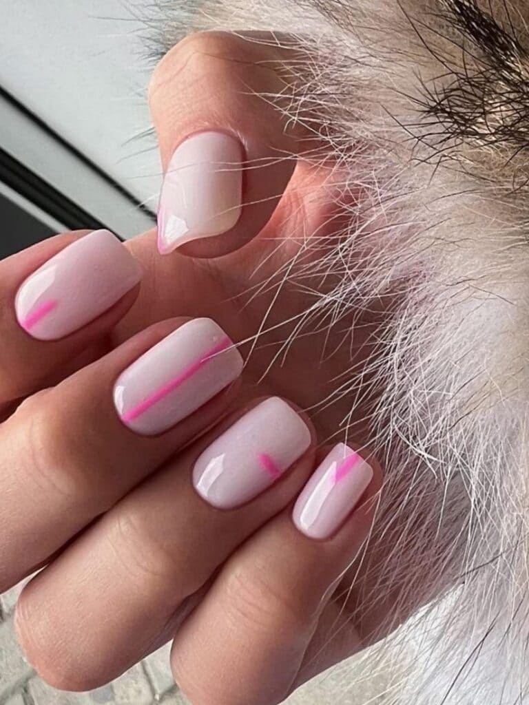 Milky nails with minimalistic pink lines