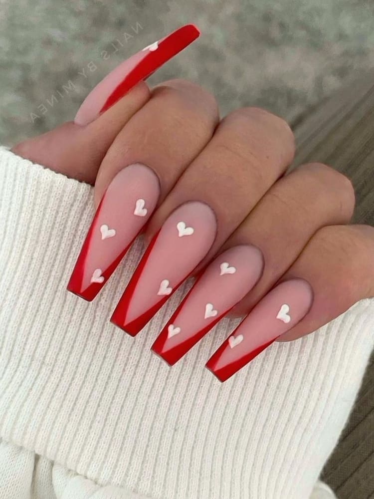 Long, coffin-shaped, red chevron tips with white hearts