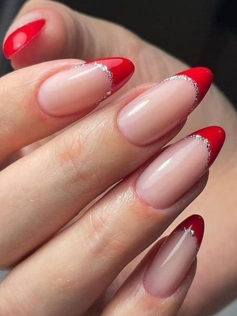 Red and silver glitter French tip nails