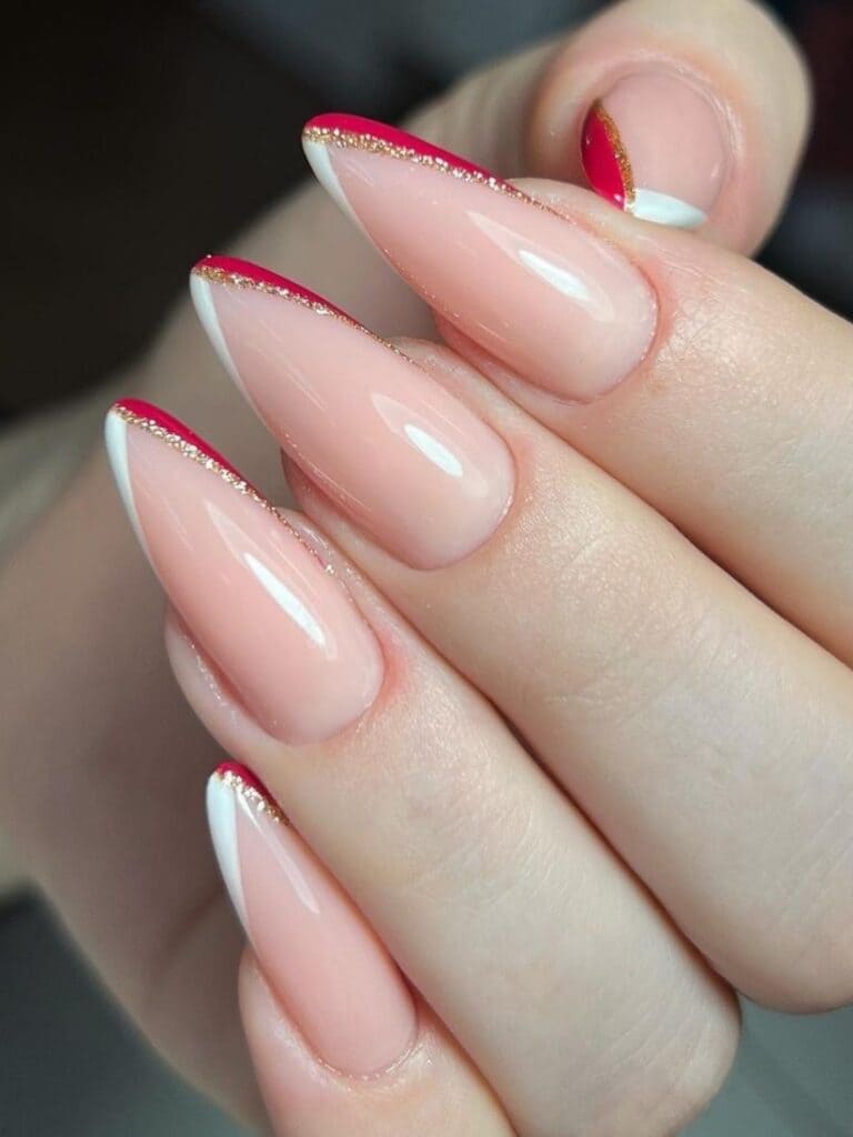 thin chevron tips in red and white with a gold line accent 
