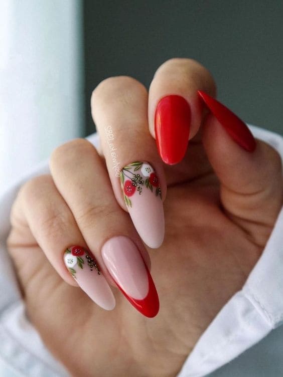 Long, red nails with flowers and a French tip