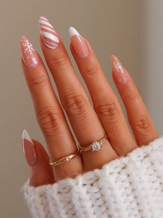 Almond-shaped white Christmas acrylic nails