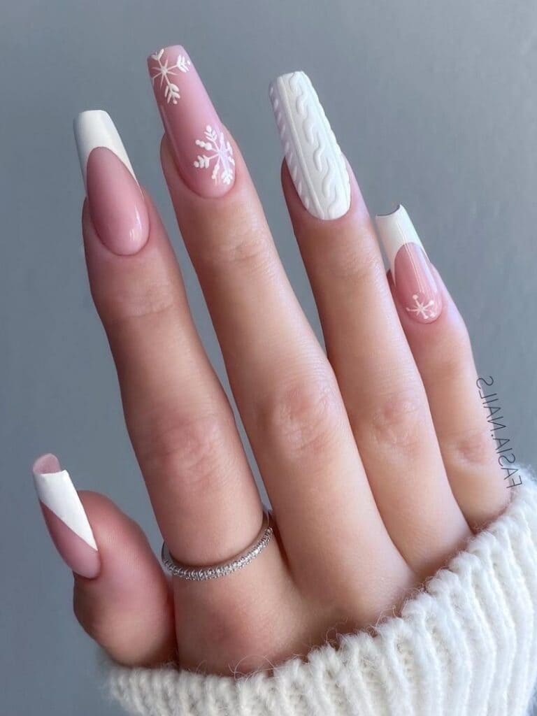 Long, coffin-shaped white nails withe sweater texture 