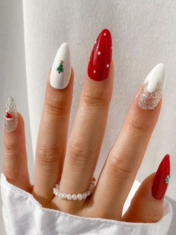 Red and white nails with Christmas elements 