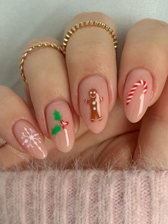 Nude nails with cute Christmas elements