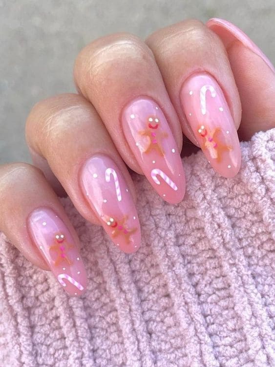 Gingerbread man and candy canes on long nails