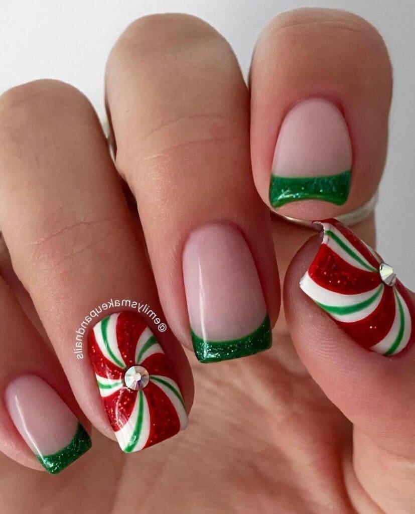 Green French tips with peppermint candy 