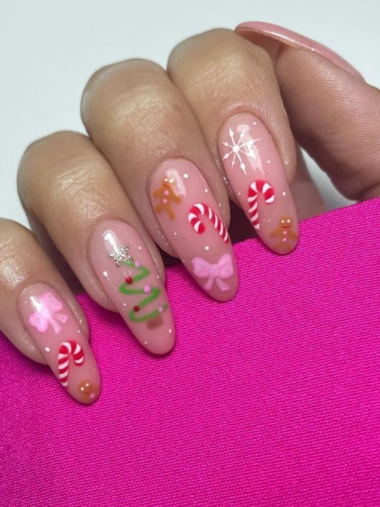 Nude nails with Christmas elements