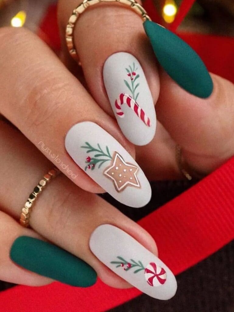 Dark green nails with candy canes