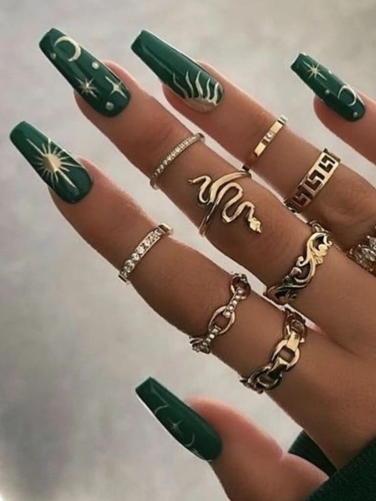Long, coffin-shaped astrology nails