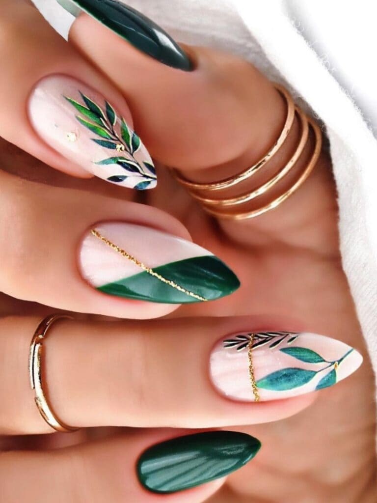 almond-shaped, leafy, and gold-lined nail designs