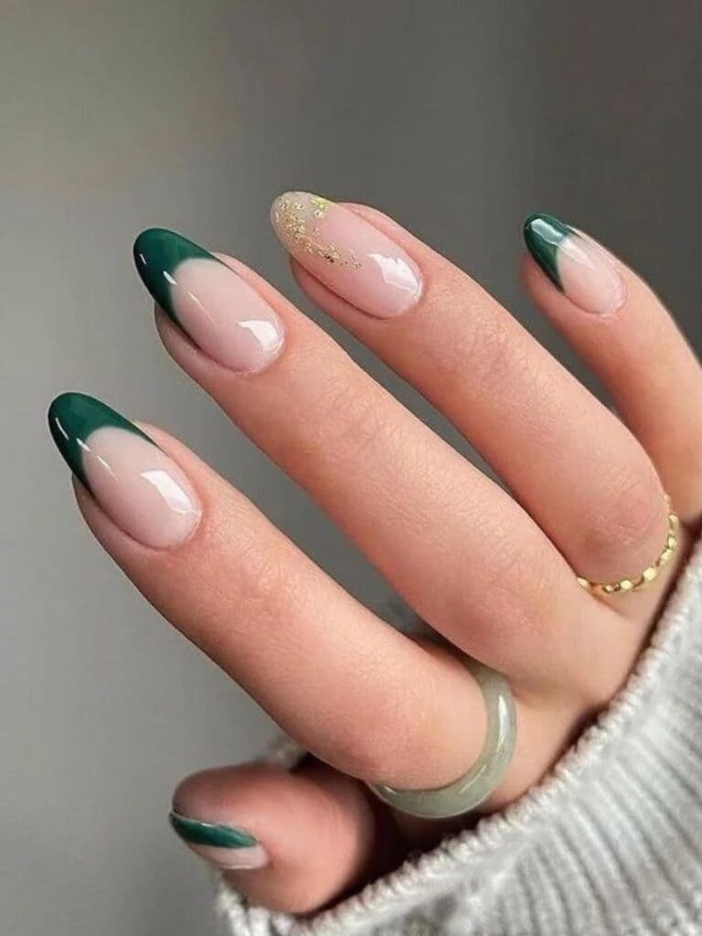 Green French manicure with gold glitter