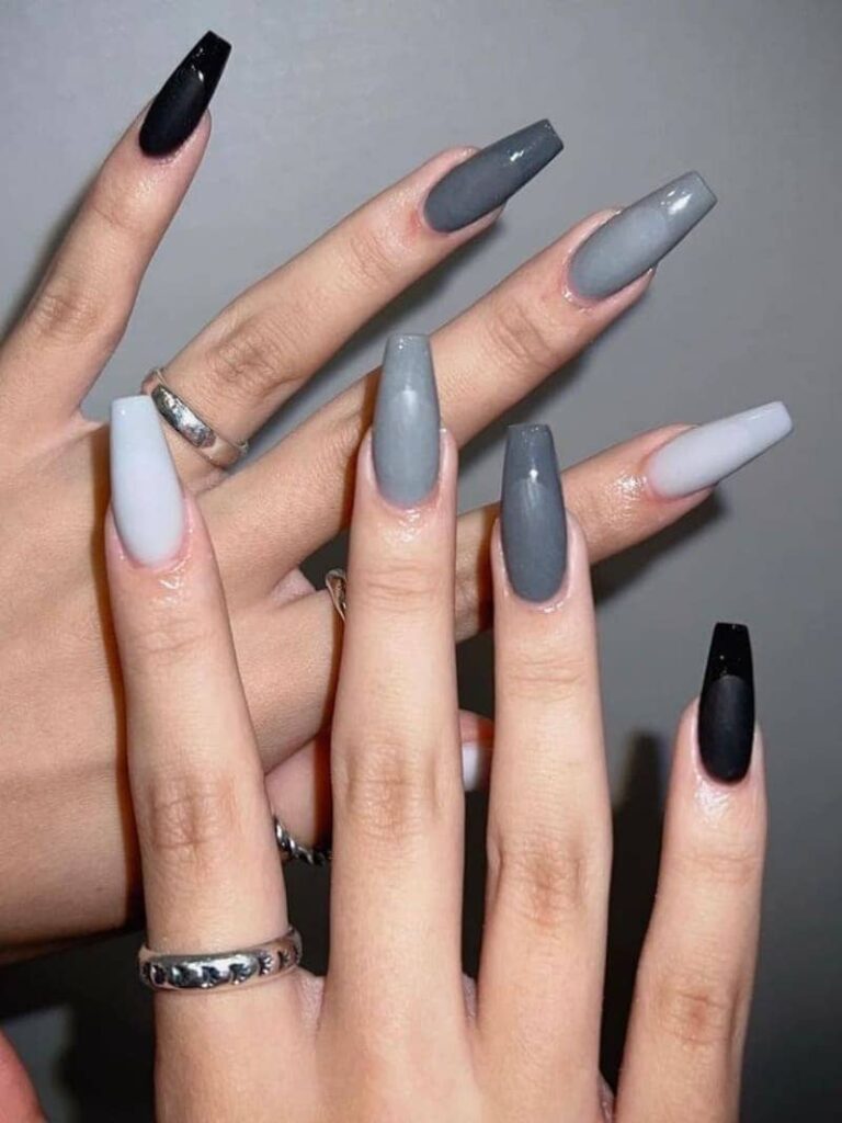 long, coffin-shaped, vertical ombre nails in gray