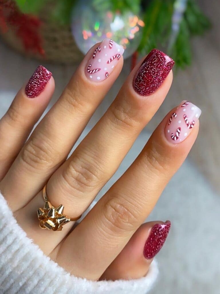 Glittery red and candy cane nails