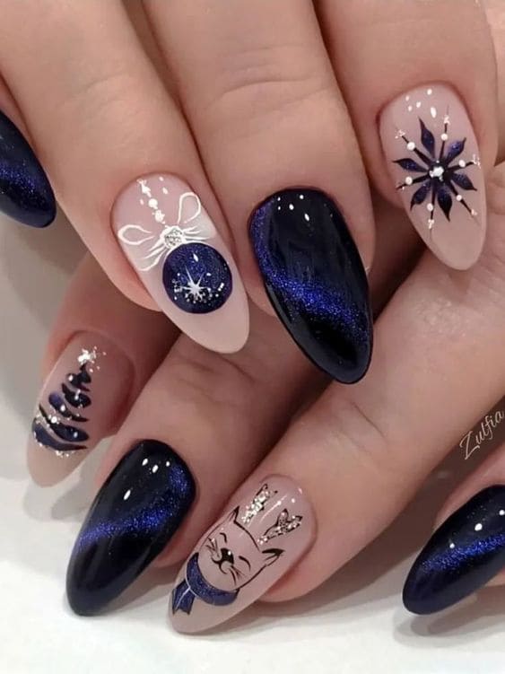 Dark blue cat eye nails with Christmas elements