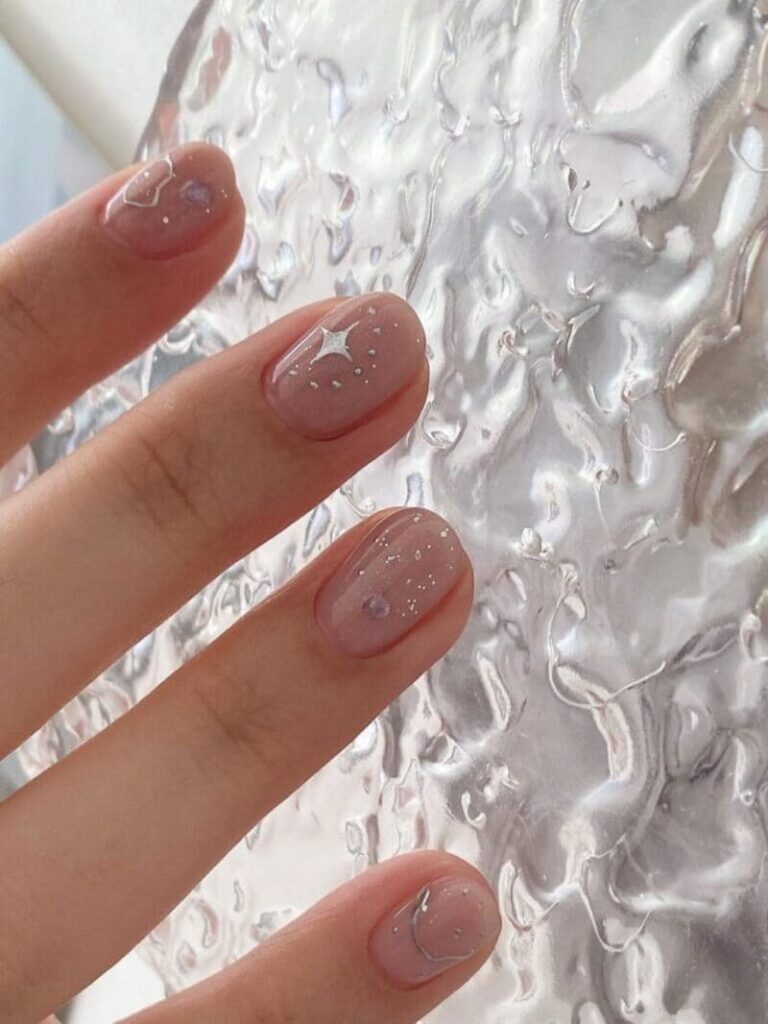 Korean silver nail design: chrome sparkles
