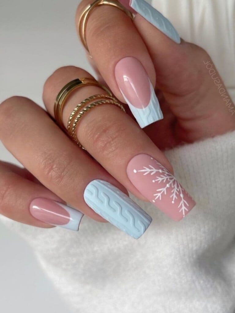 Long, acrylic, icy blue winter nails