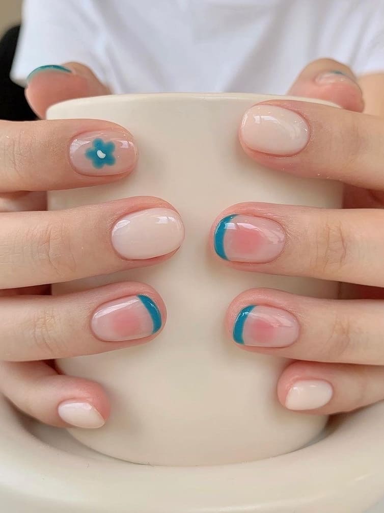 summer Korean nail design: blue French tips