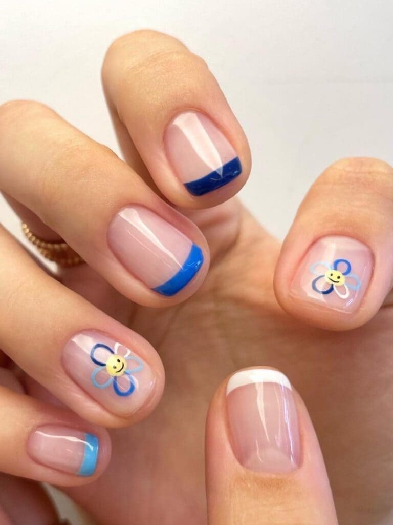 summer Korean nail design: blue French tips