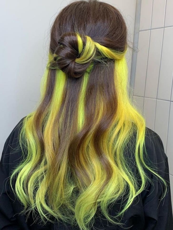 Brown and Neon Green Two-Tone Hair