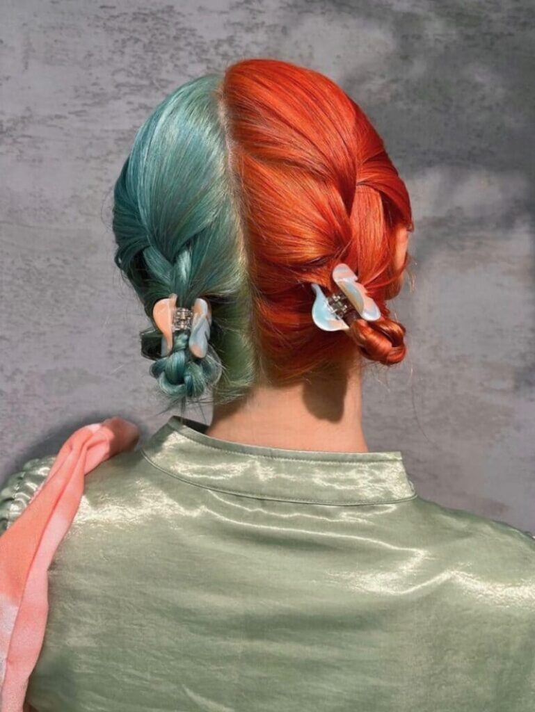 two-tone hair color ideas: half blue and half orange