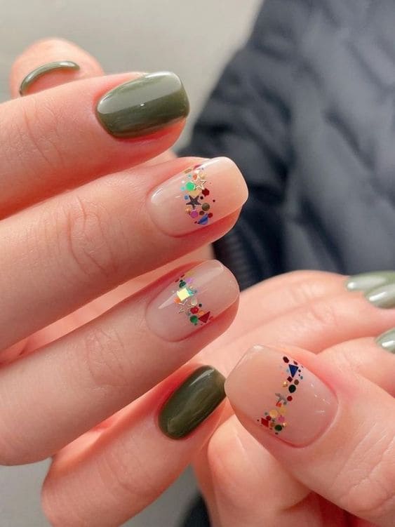 Winter Korean nail designs in olive green and glitter
