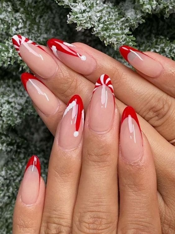 candy cane French tips and Santa hats
